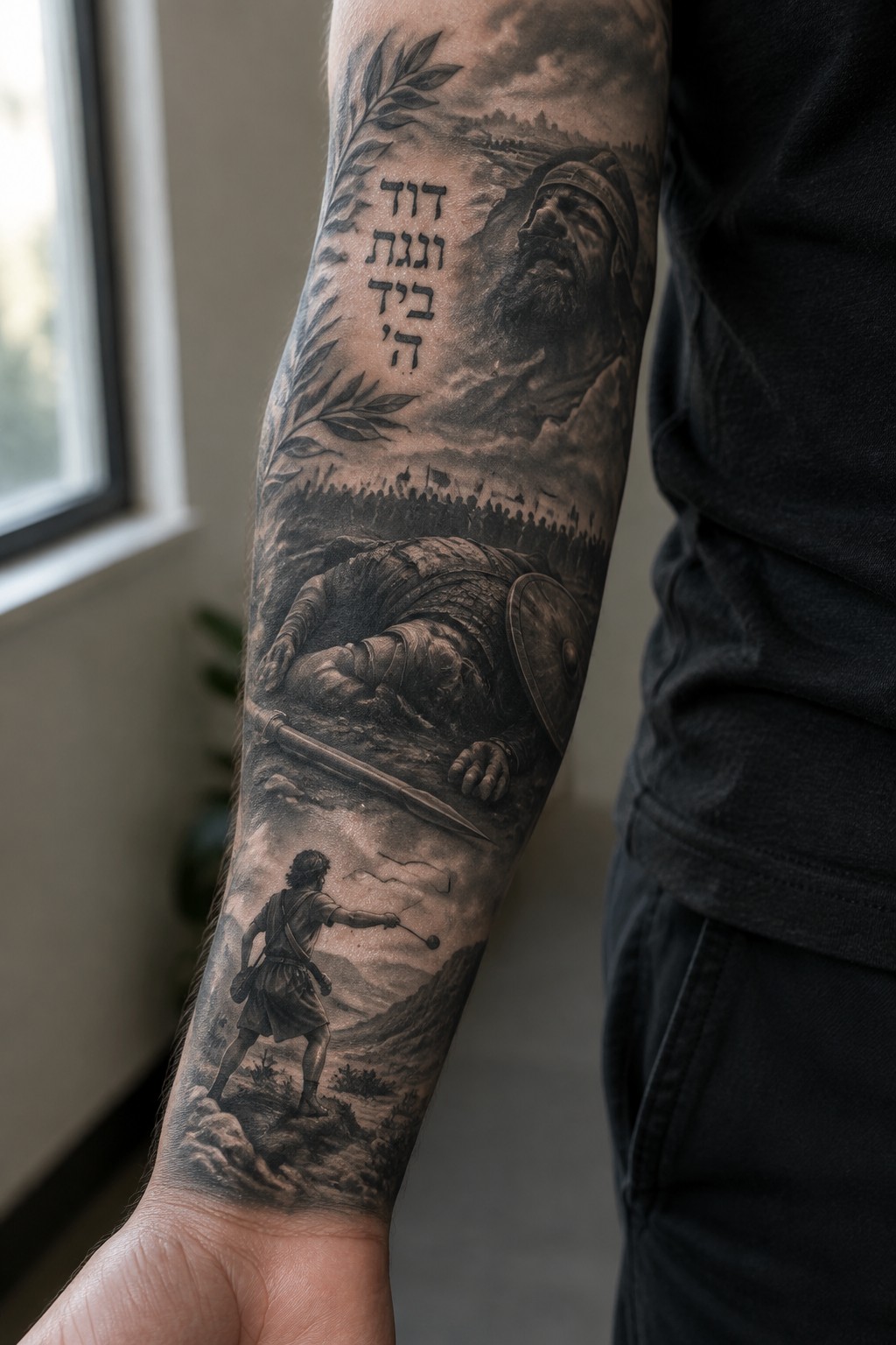 Realistic black-and-gray tattoo sleeve showing David and Goliath scenes with Hebrew text and laurel branches