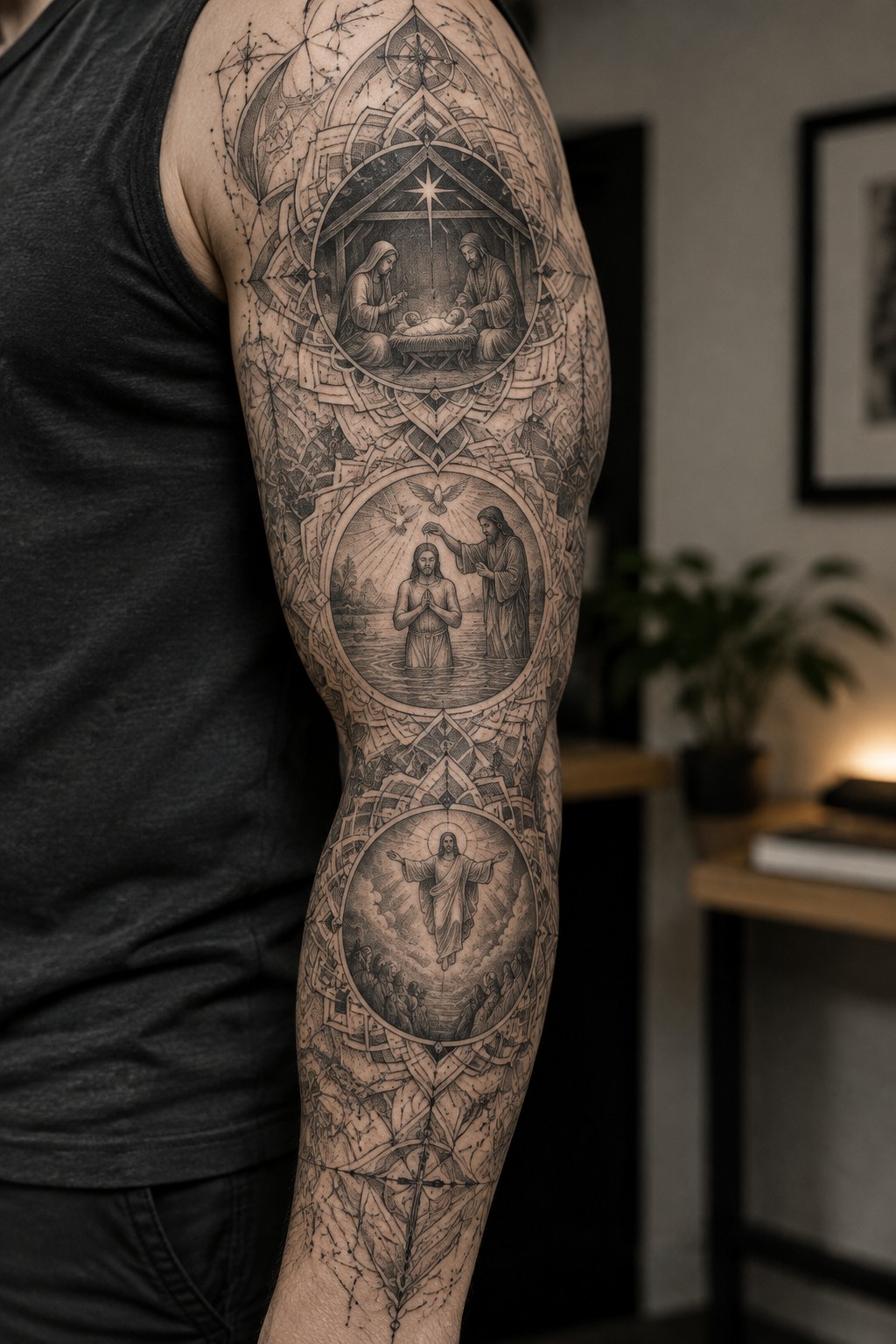 Full sleeve tattoo with three stacked circular scenes showing the nativity at the top, the baptism of Jesus in the middle, and the ascension at the bottom, all connected by black and grey geometric patterns.