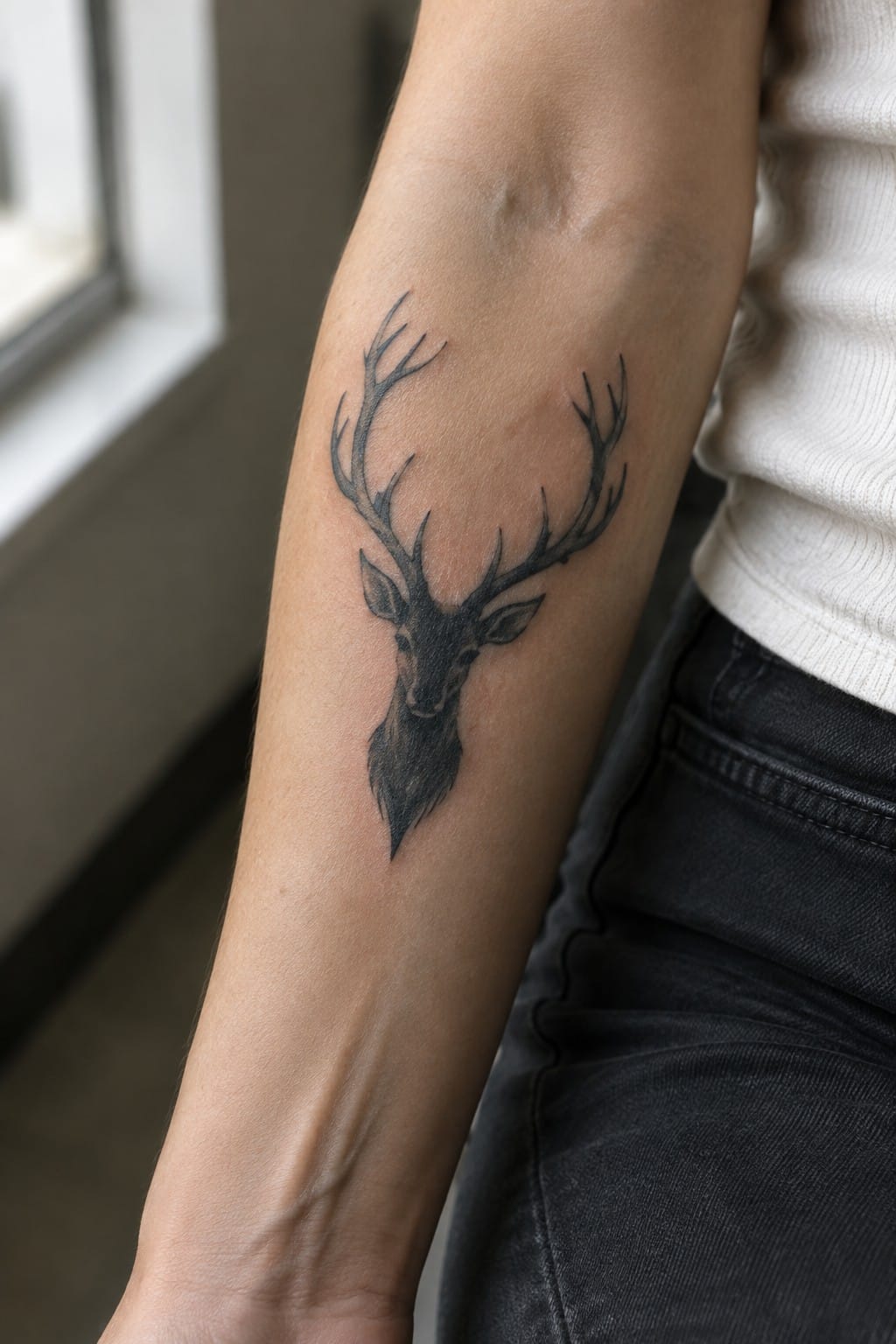 Black deer head tattoo with antlers on upper arm, white shirt and dark jeans.