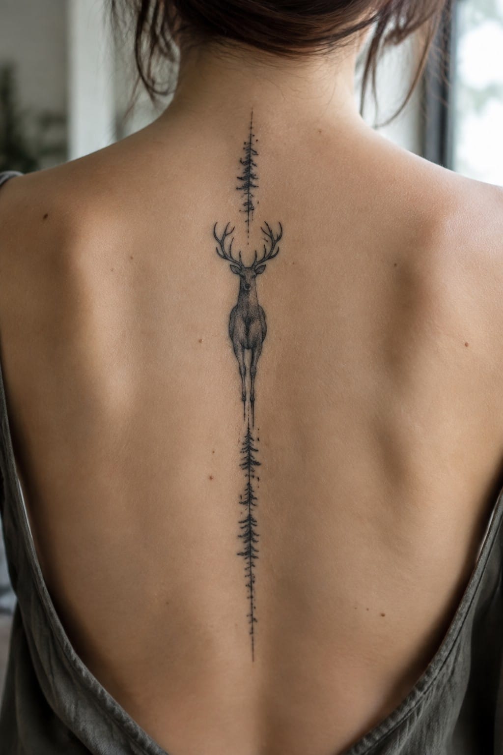 Deer with antlers and pine trees tattooed vertically along spine on bare back