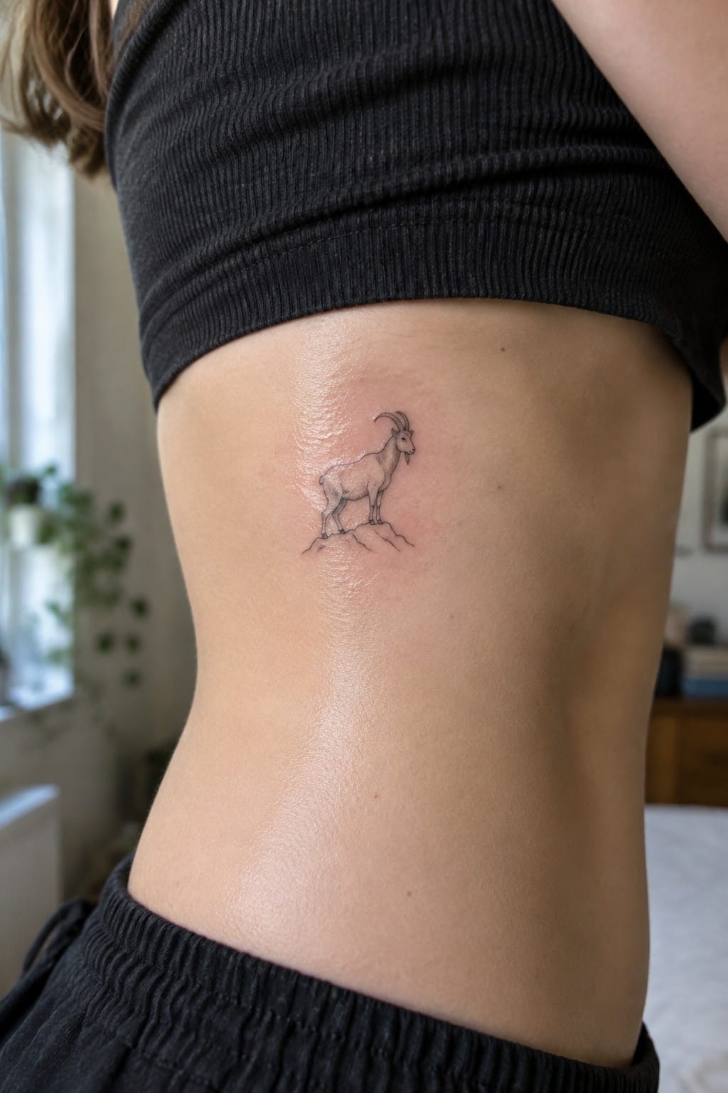 Small fine line tattoo of a goat on a rocky ledge placed on the ribcage side torso