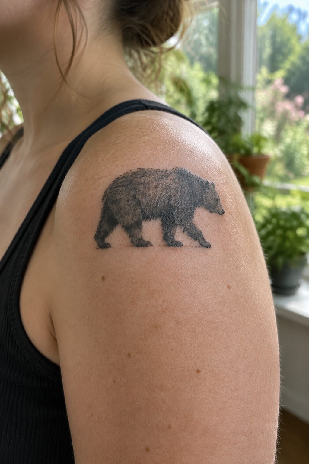 Fine line tattoo of a walking bear on a woman's upper arm and shoulder area