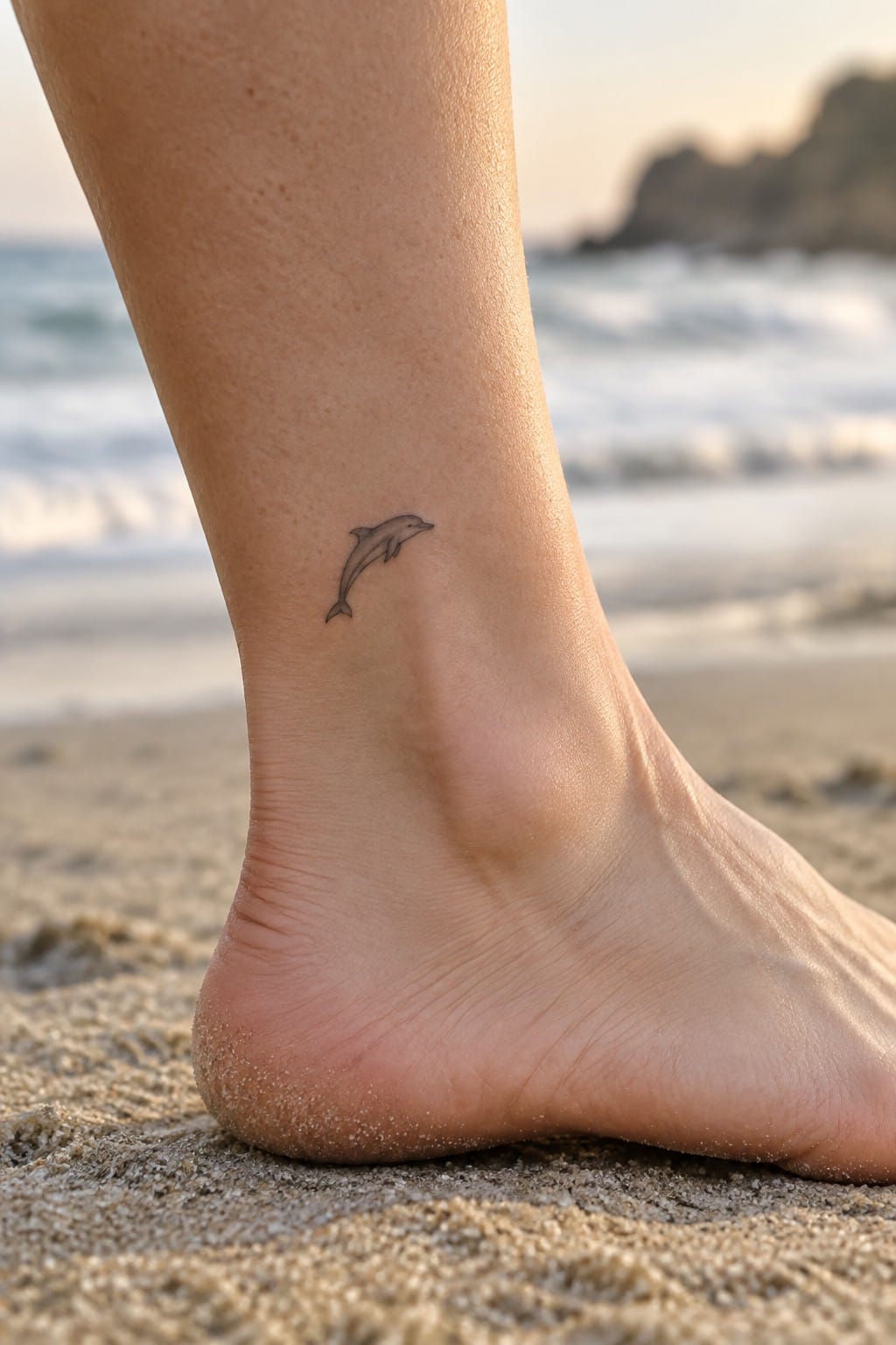 Small dolphin tattoo on bare ankle above sandy foot on beach with waves