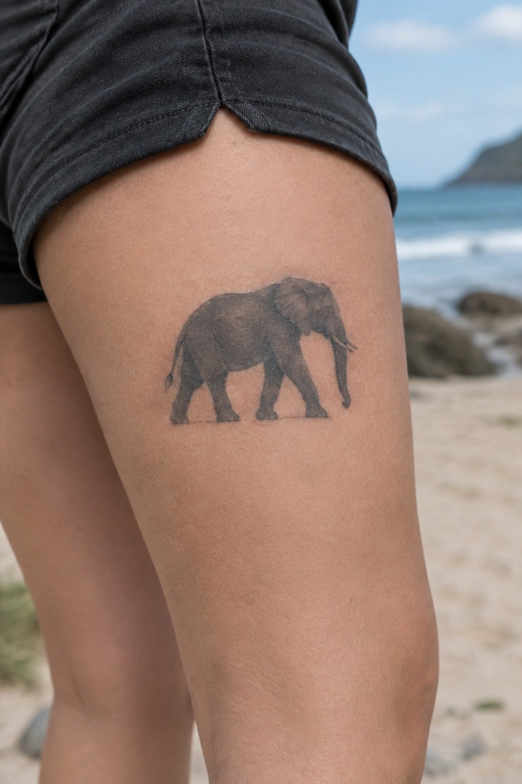 Elephant tattoo on thigh below dark shorts on sunny beach by ocean