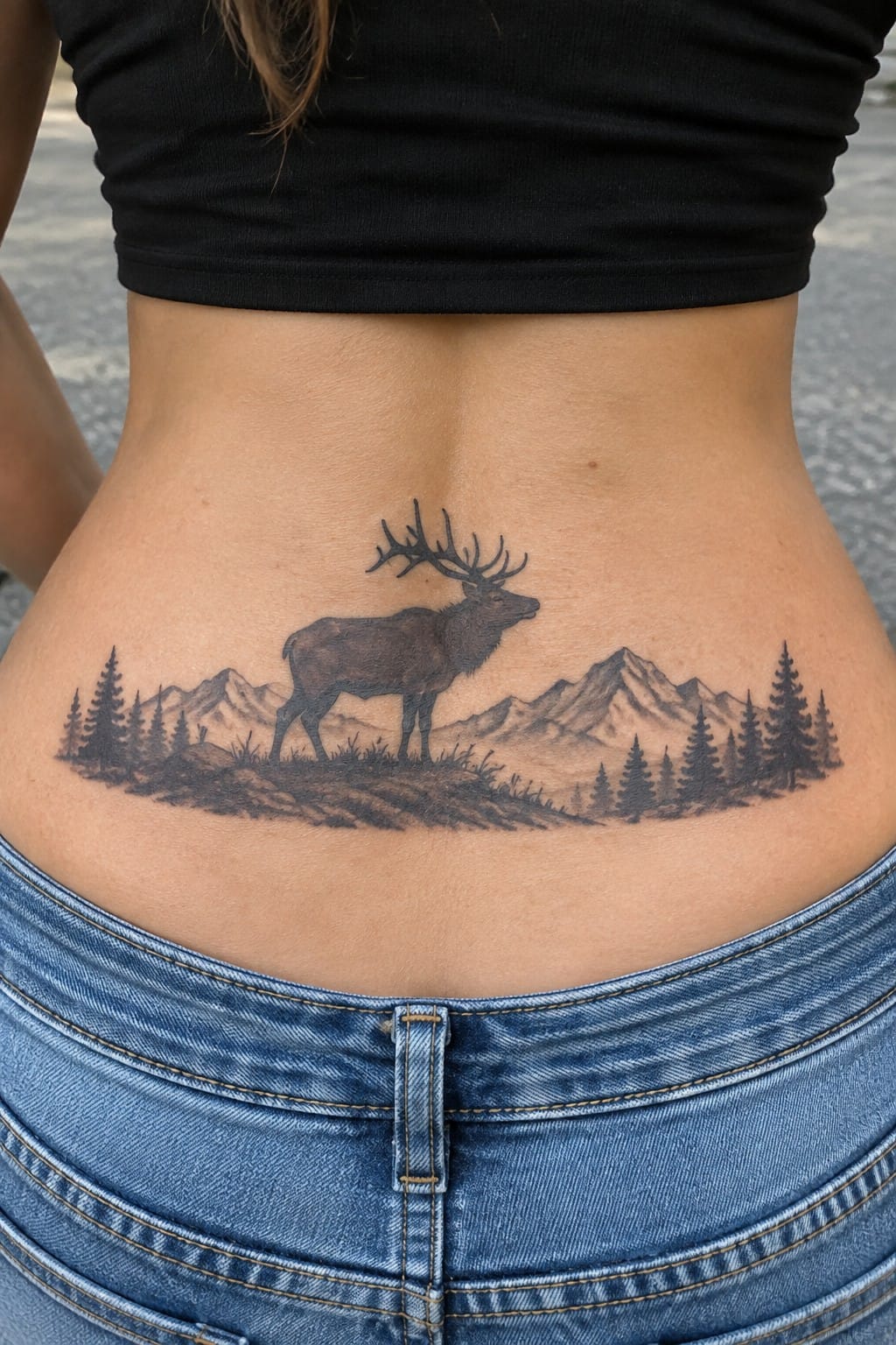 Fine line tattoo of an elk with antlers in a mountain landscape with pine trees across a woman's lower back.
