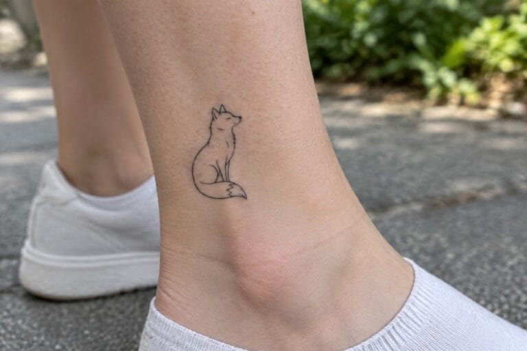 21 Delicate Fine-Line Animal Tattoos for Women Featuring Clean Wildlife Silhouettes Small fine line tattoo of a sitting fox on the outer ankle