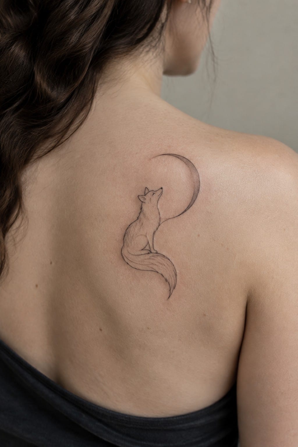 Person's upper back with minimalist fox and crescent moon line tattoo, long dark hair.