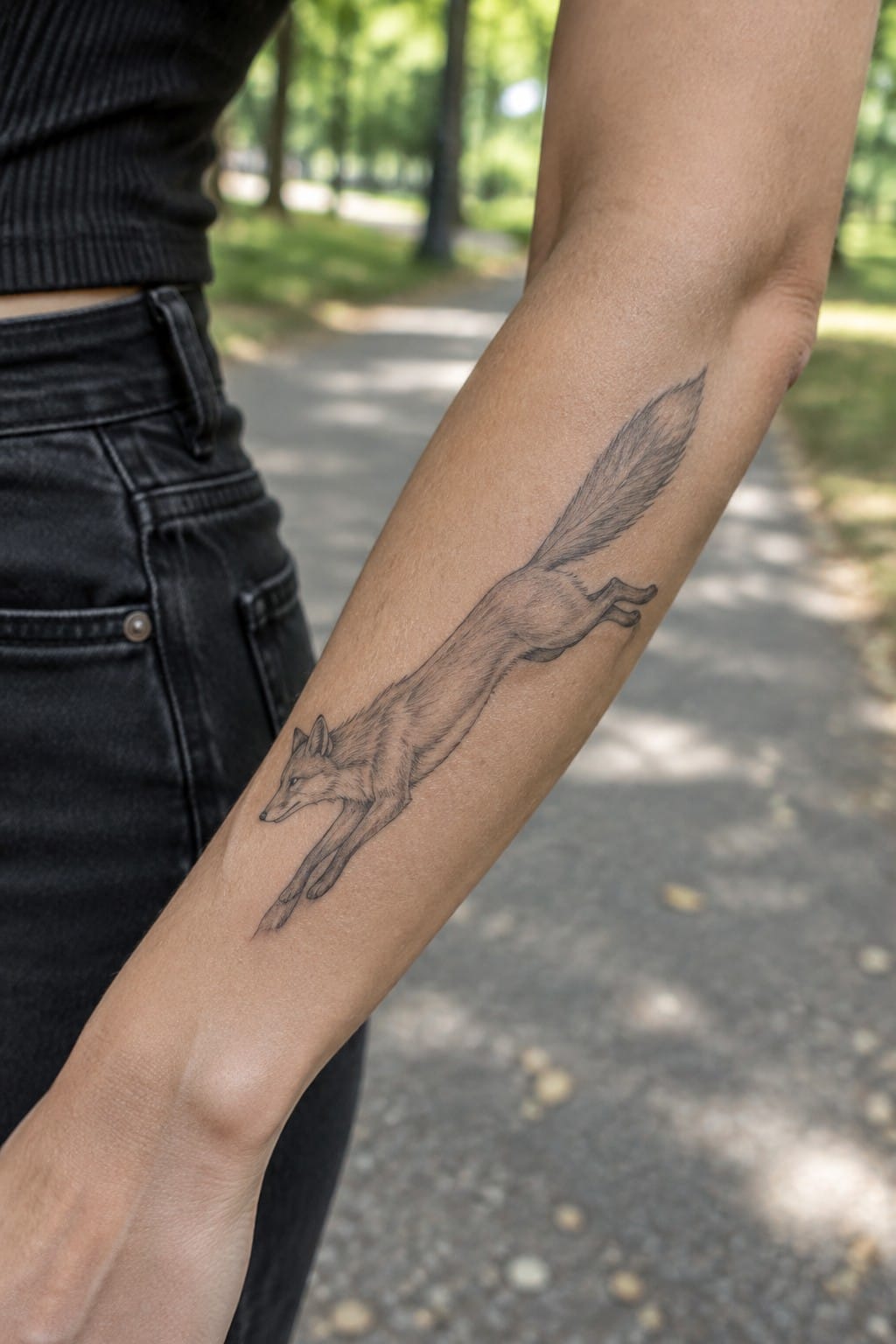 Fine line tattoo of a fox leaping along the inner forearm with detailed shading on the fur and tail.
