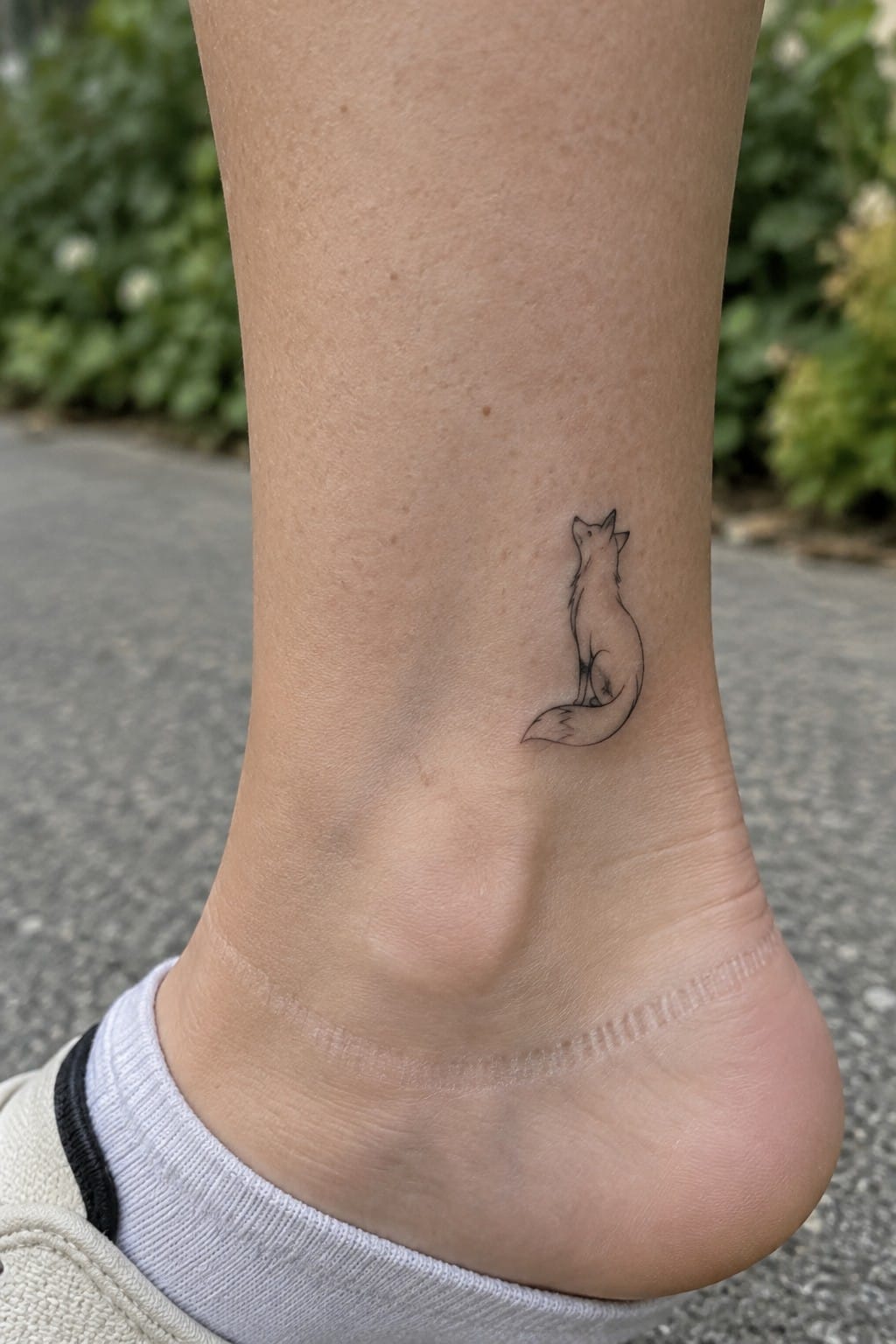 Small fine line tattoo of a sitting fox on the outer ankle
