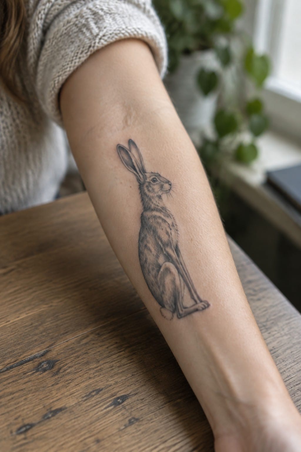 Hare tattoo on forearm from rolled sleeve of beige knit sweater on wood table