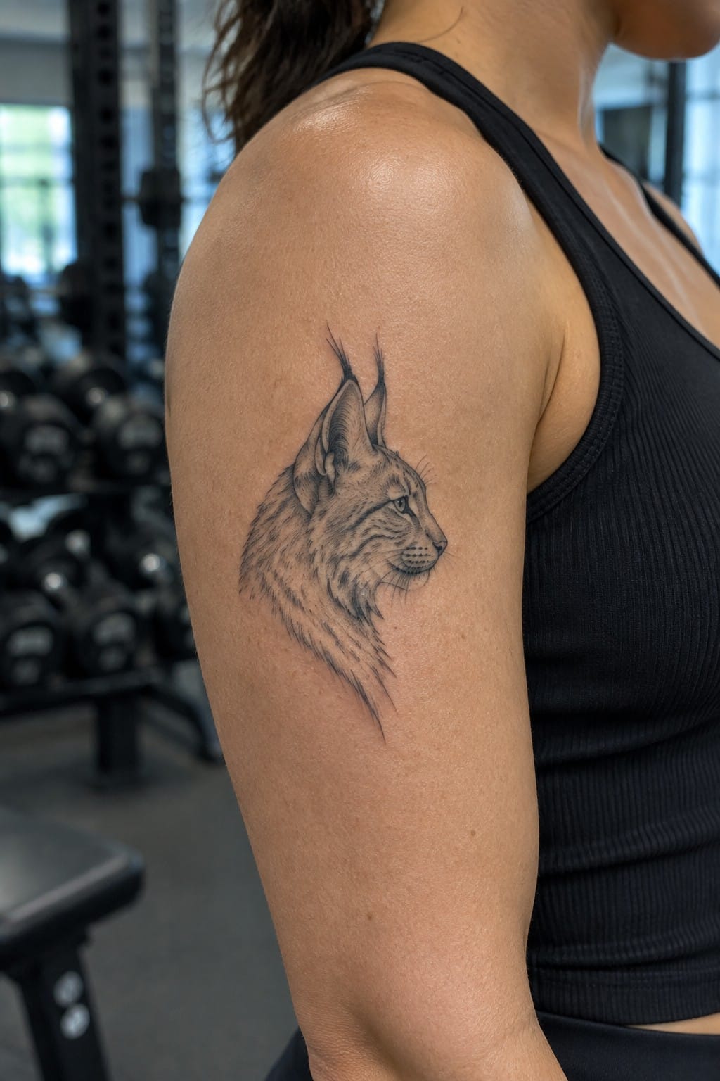 Black tank top with detailed lynx tattoo on shoulder in gym setting.
