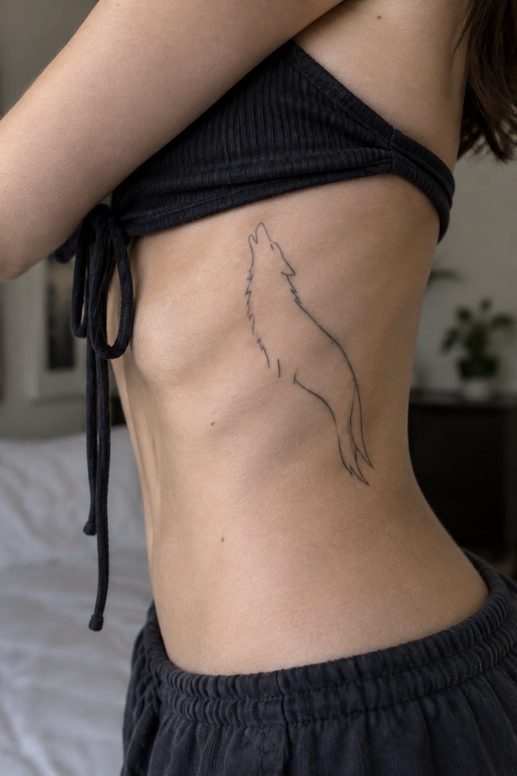 Black crop top tied at side with howling wolf tattoo on torso
