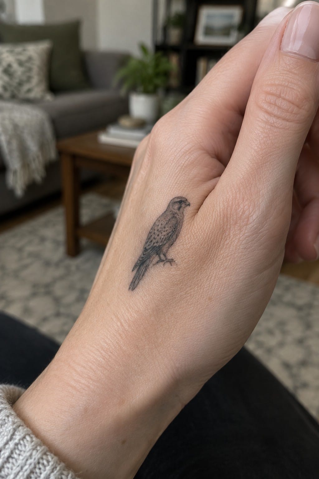 Small realistic bird tattoo on hand with pink manicured nails and knit sleeve