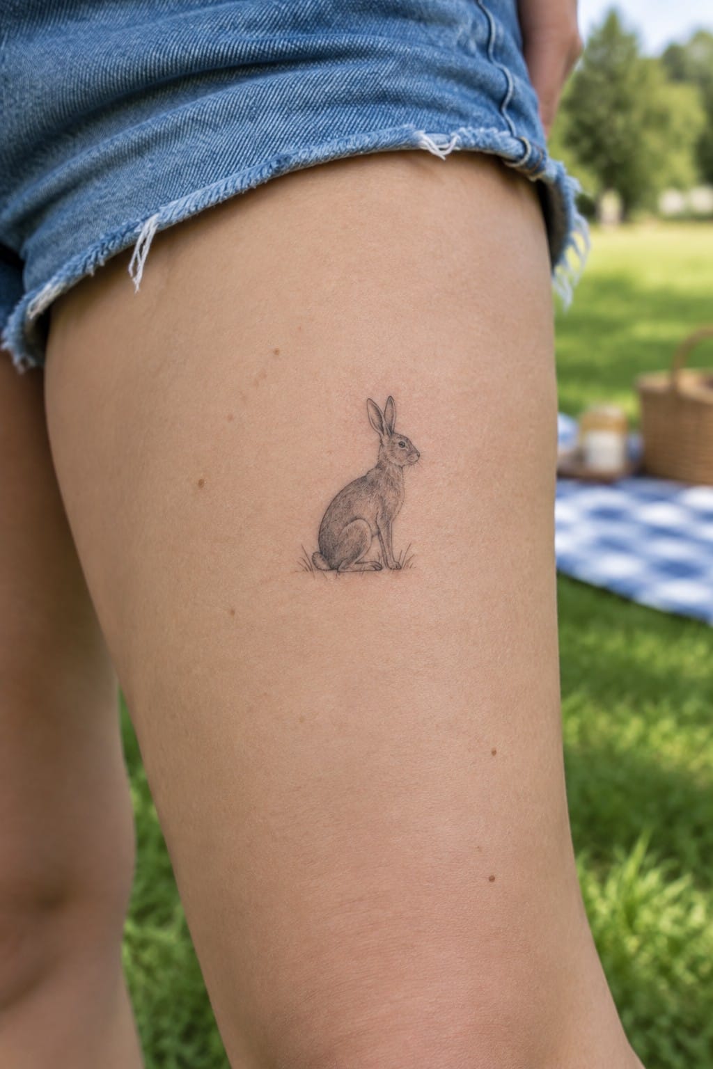 Detailed rabbit tattoo on thigh below frayed blue denim shorts outdoors.
