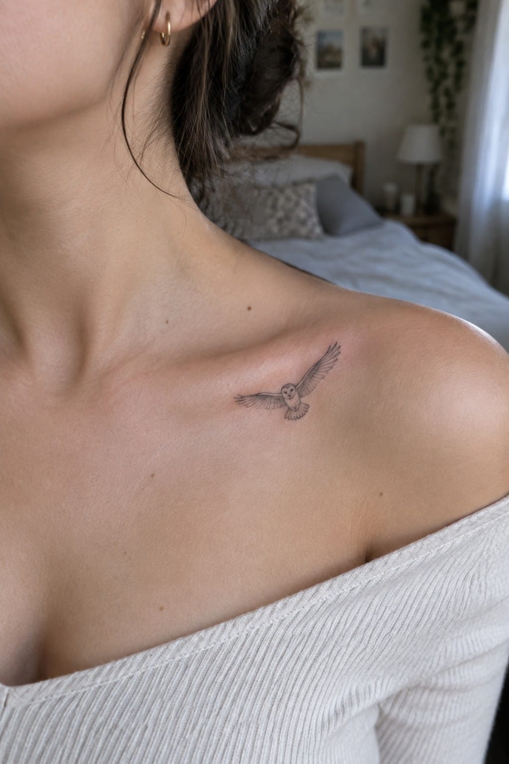 Woman's shoulder with small flying owl tattoo above white off-shoulder top in bedroom