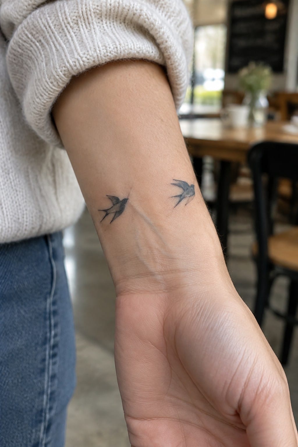 Two swallow tattoos on wrist below white knit sweater in cafe setting