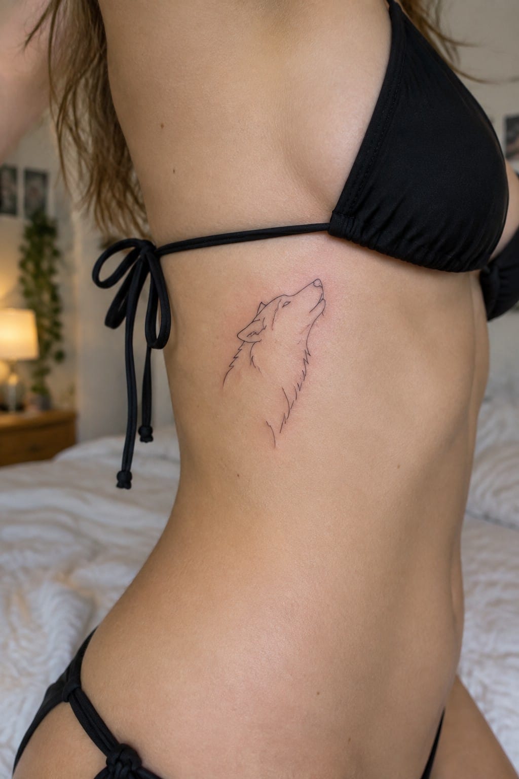Woman in black bikini with wolf line tattoo on side in bedroom