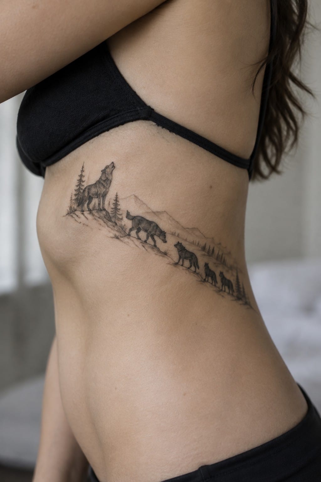 Black-and-gray tattoo of wolves on a mountain ridge across torso