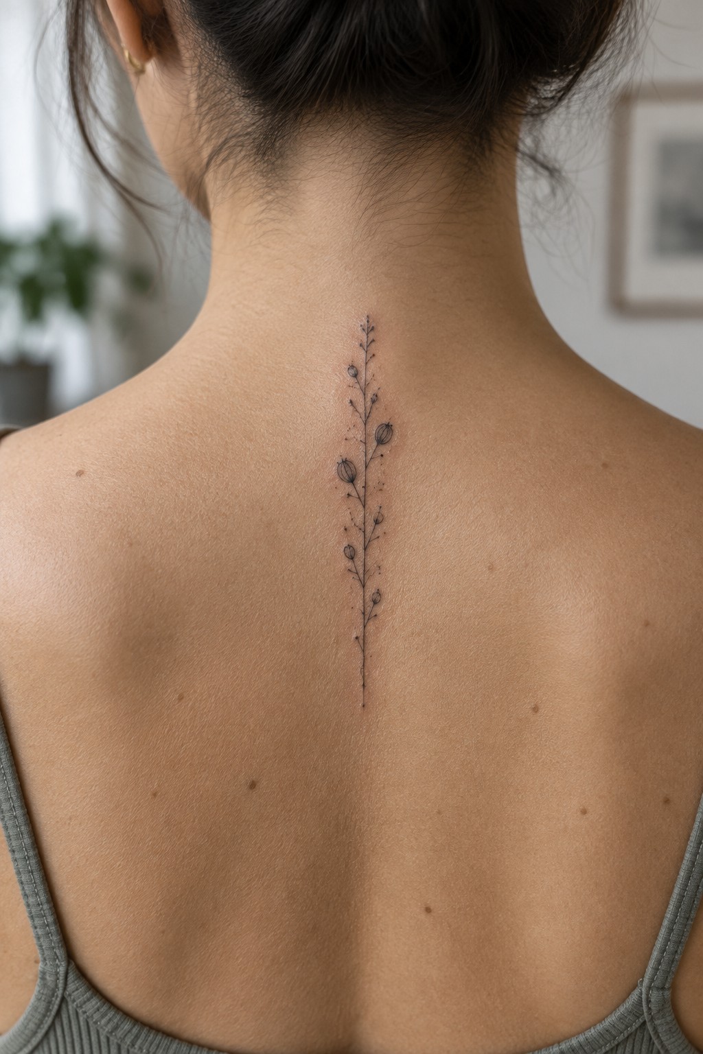 Fine line botanical tattoo of a thin vertical stem with leaves and pods placed along a woman's spine