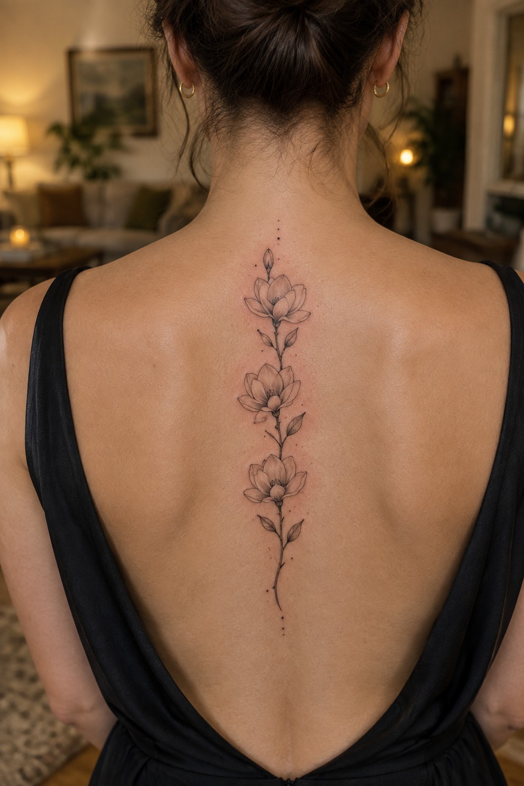 Woman's back with vertical floral spine tattoo, wearing black low-back dress