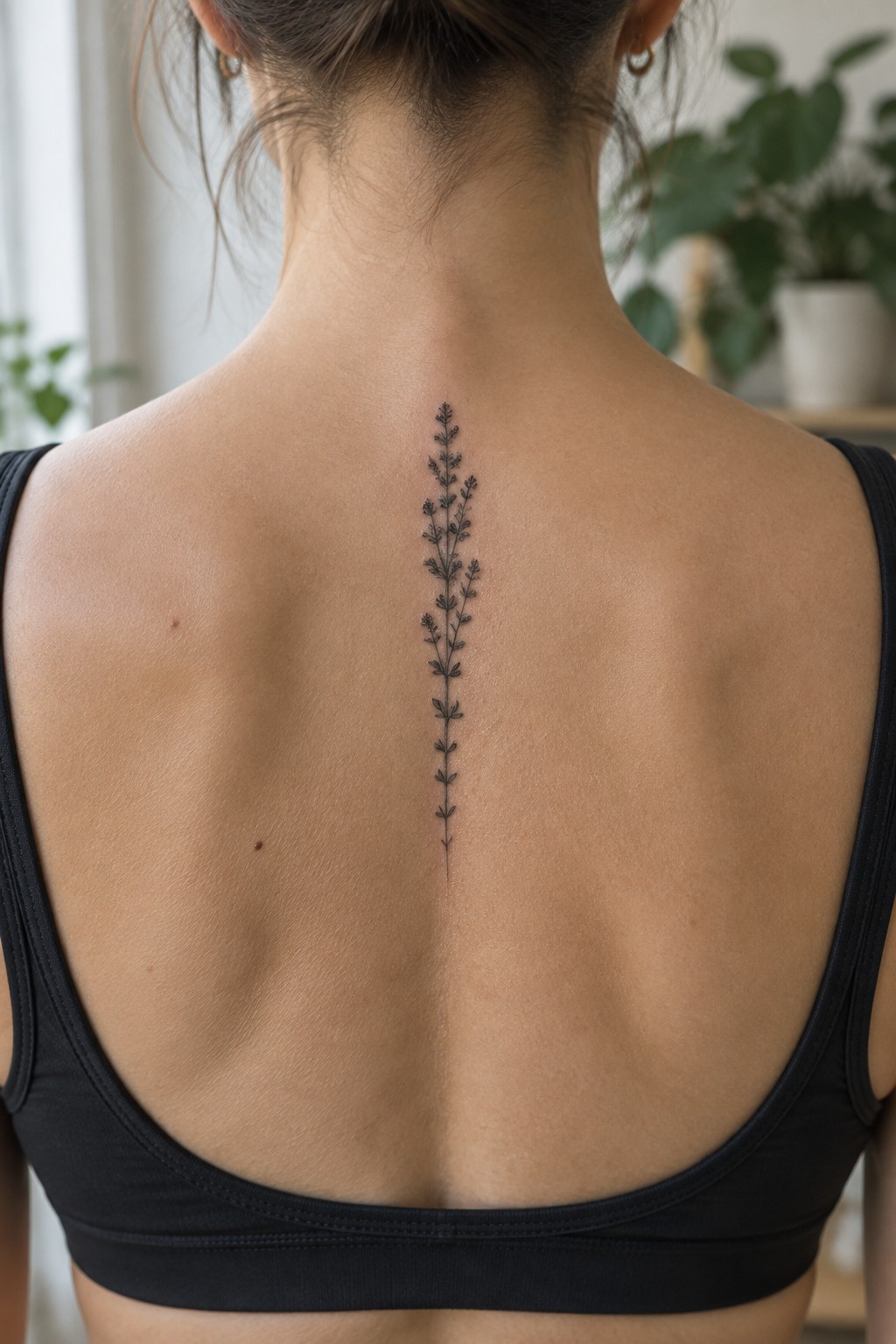 Woman's back in black tank top with long leafy spine tattoo.