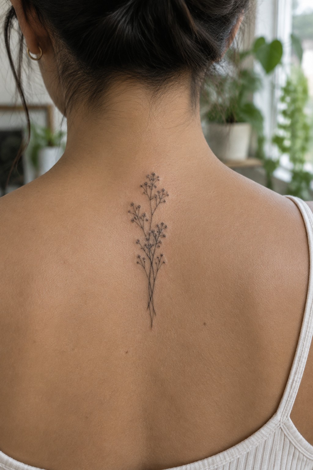 Woman's upper back with delicate black floral tattoo above white tank top