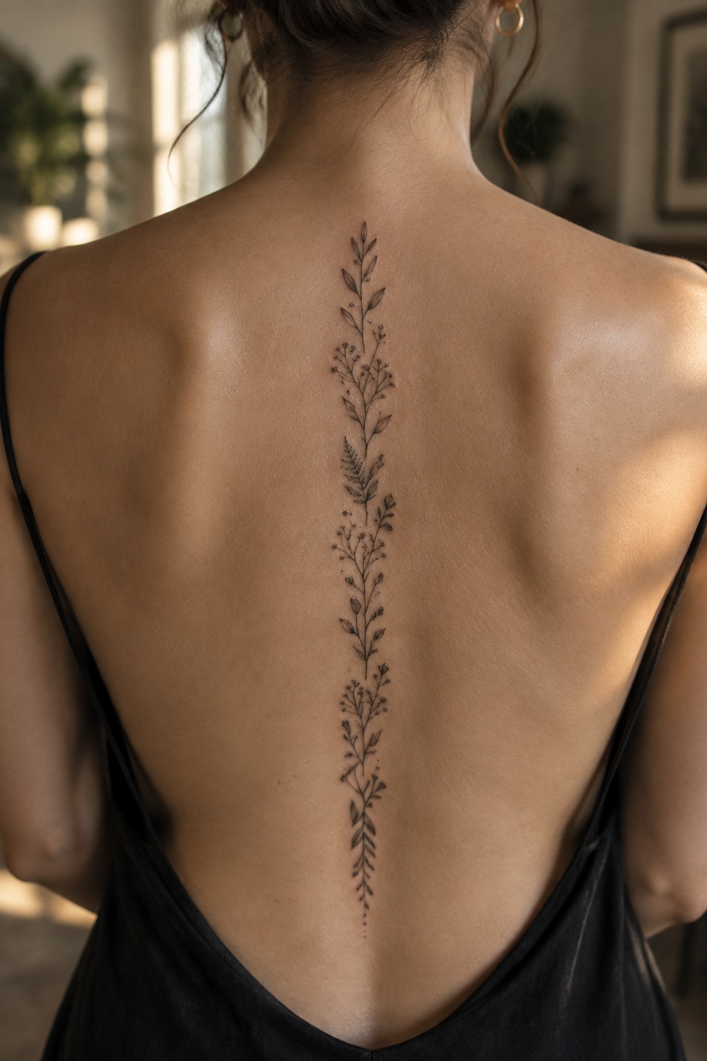 Fine line vertical botanical tattoo with stacked leaves and stems along a woman's spine