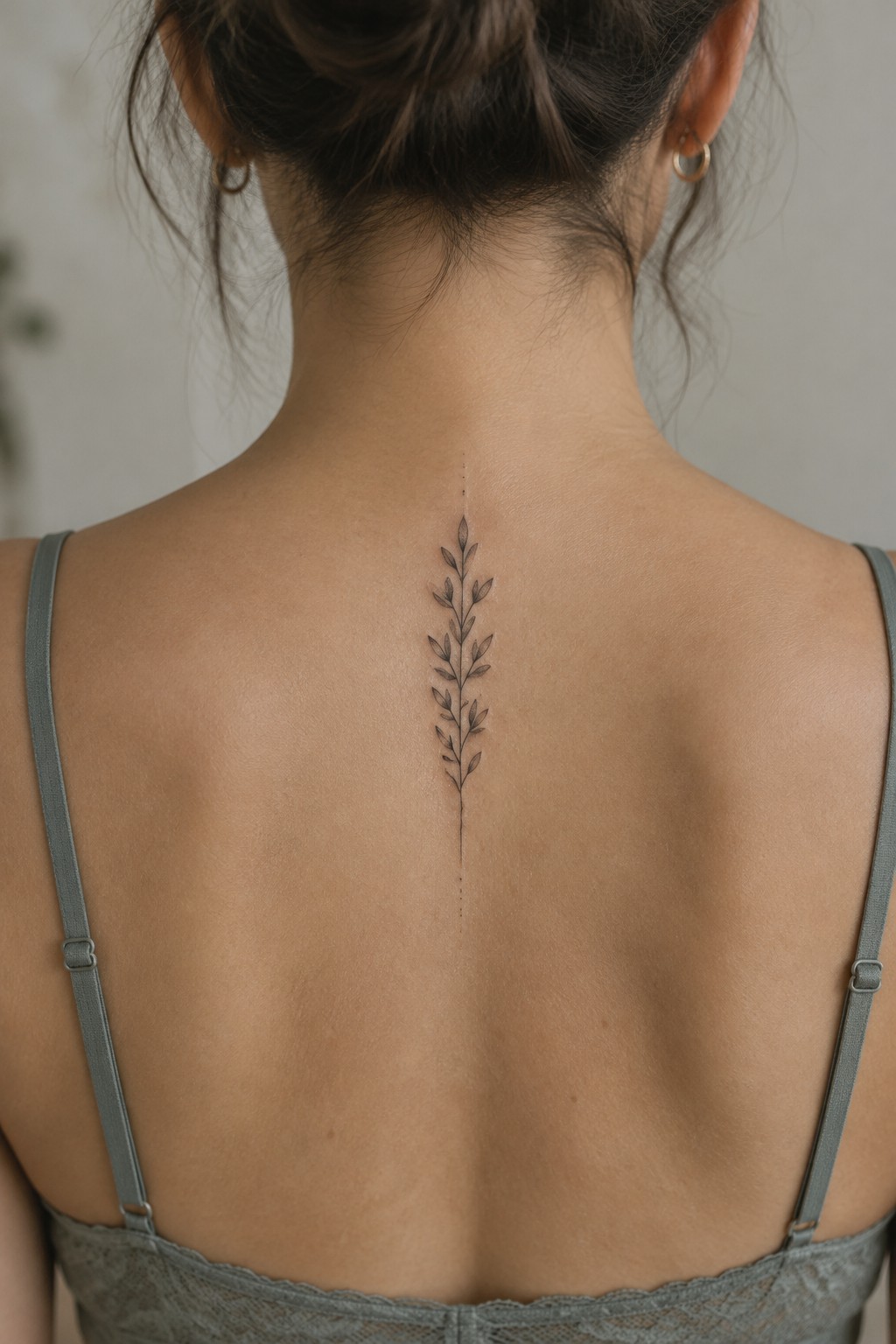 Fine line tattoo of a vertical plant with leaves running down the spine on a woman's back