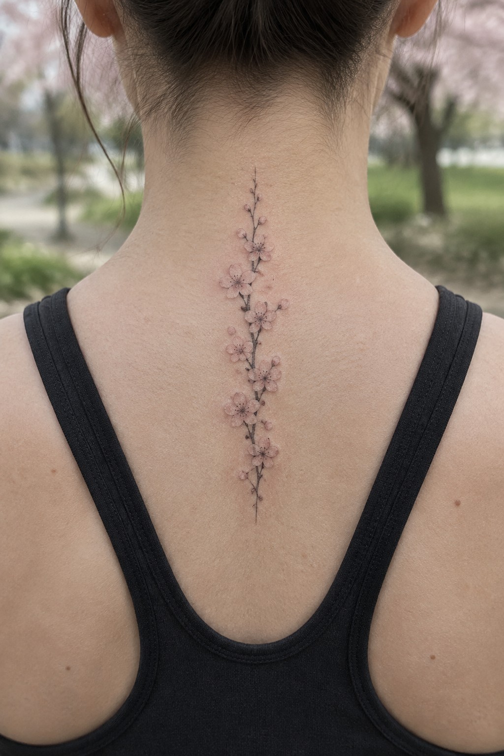 Woman's upper back with pink cherry blossom tattoo over black tank top