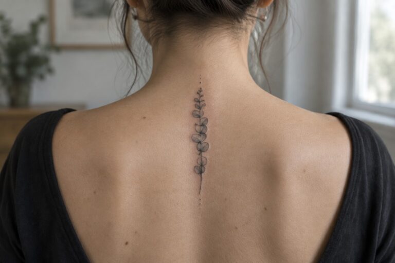 Woman's back with vertical leafy tattoo along spine above black top