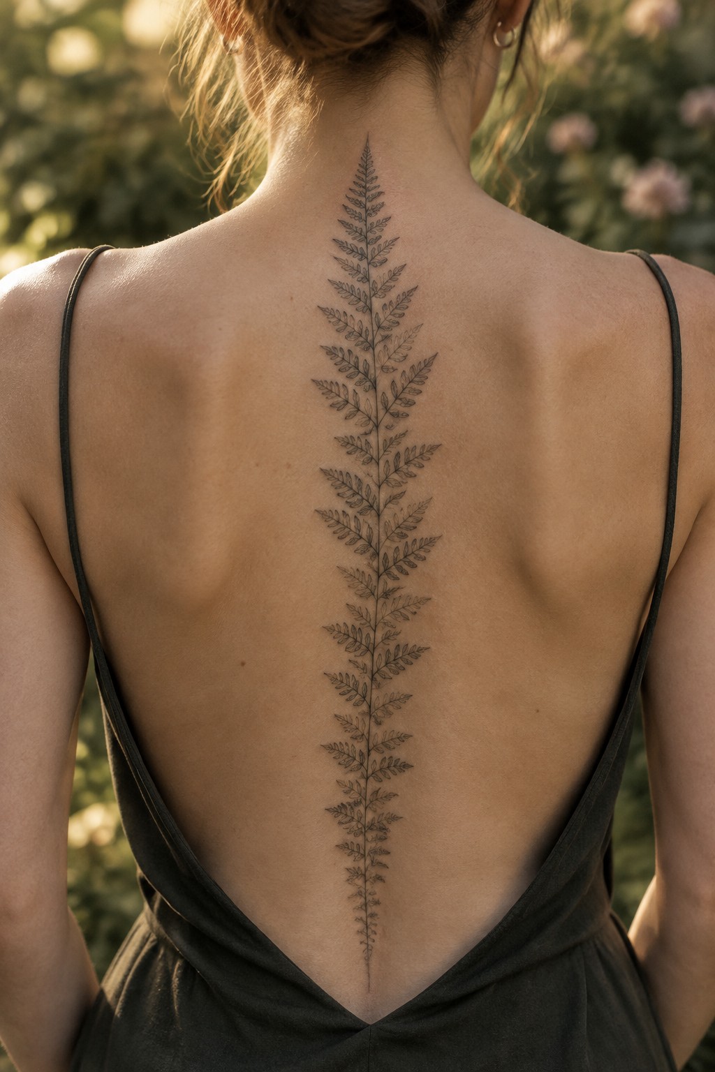 Woman's back with elongated fern tattoo along spine in dark low-back dress.