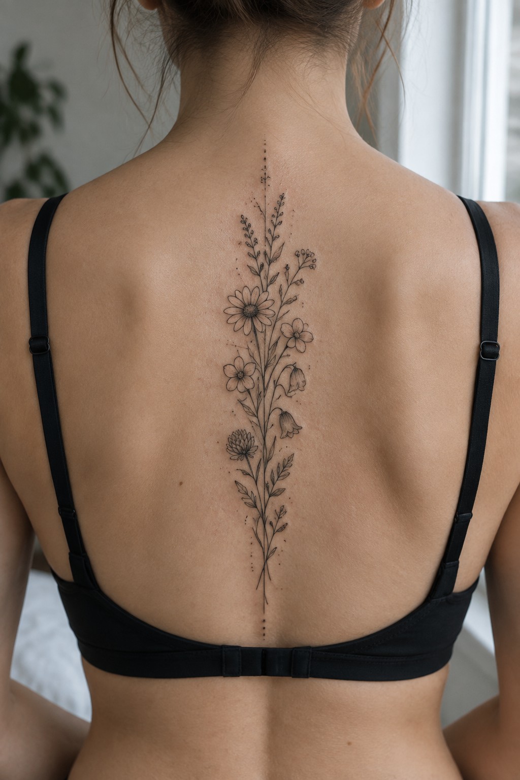 Woman's back with black bra and long vertical floral spine tattoo