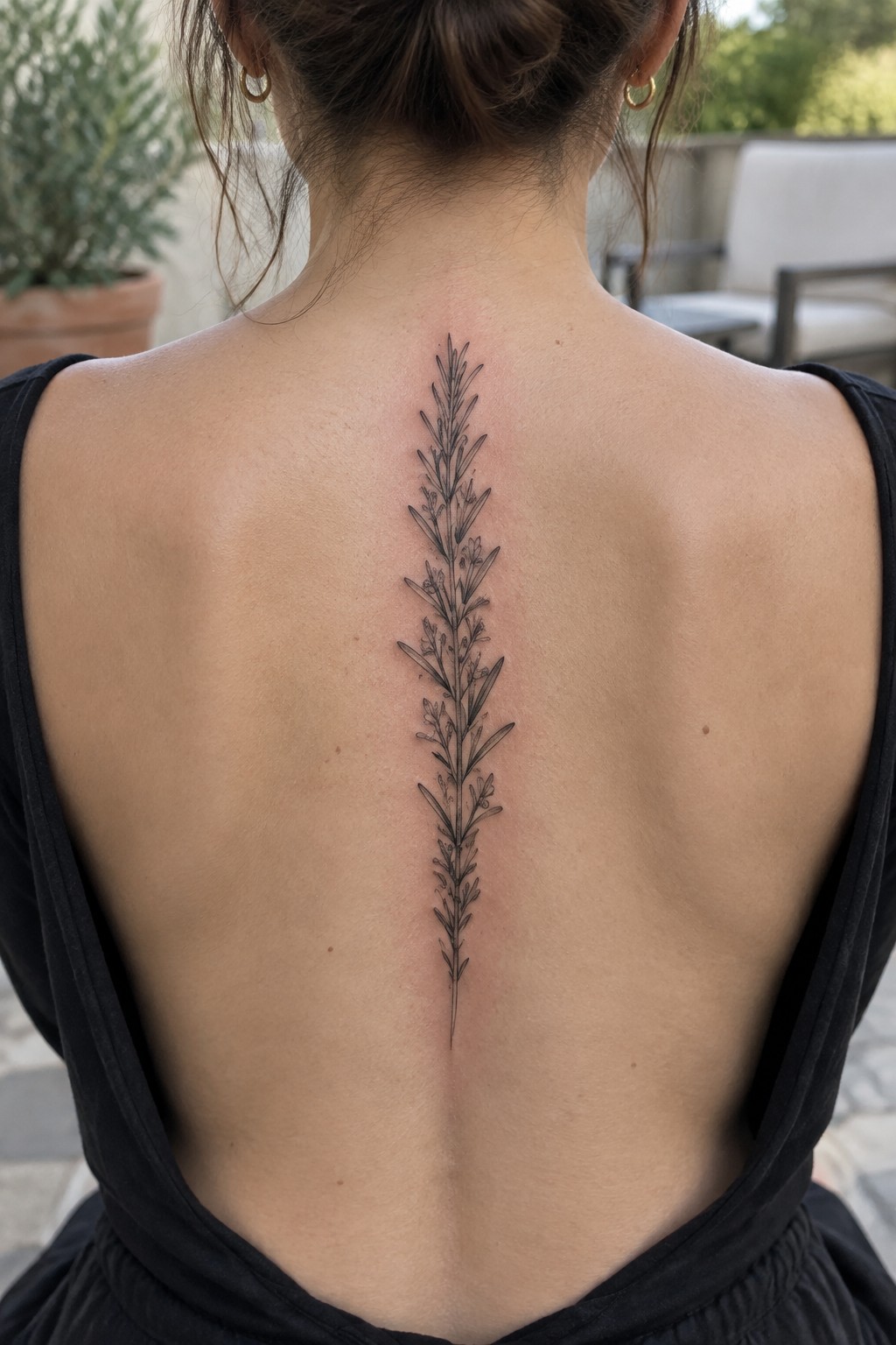 Black line-art plant tattoo along person's spine, black open-back top, brown hair in bun.