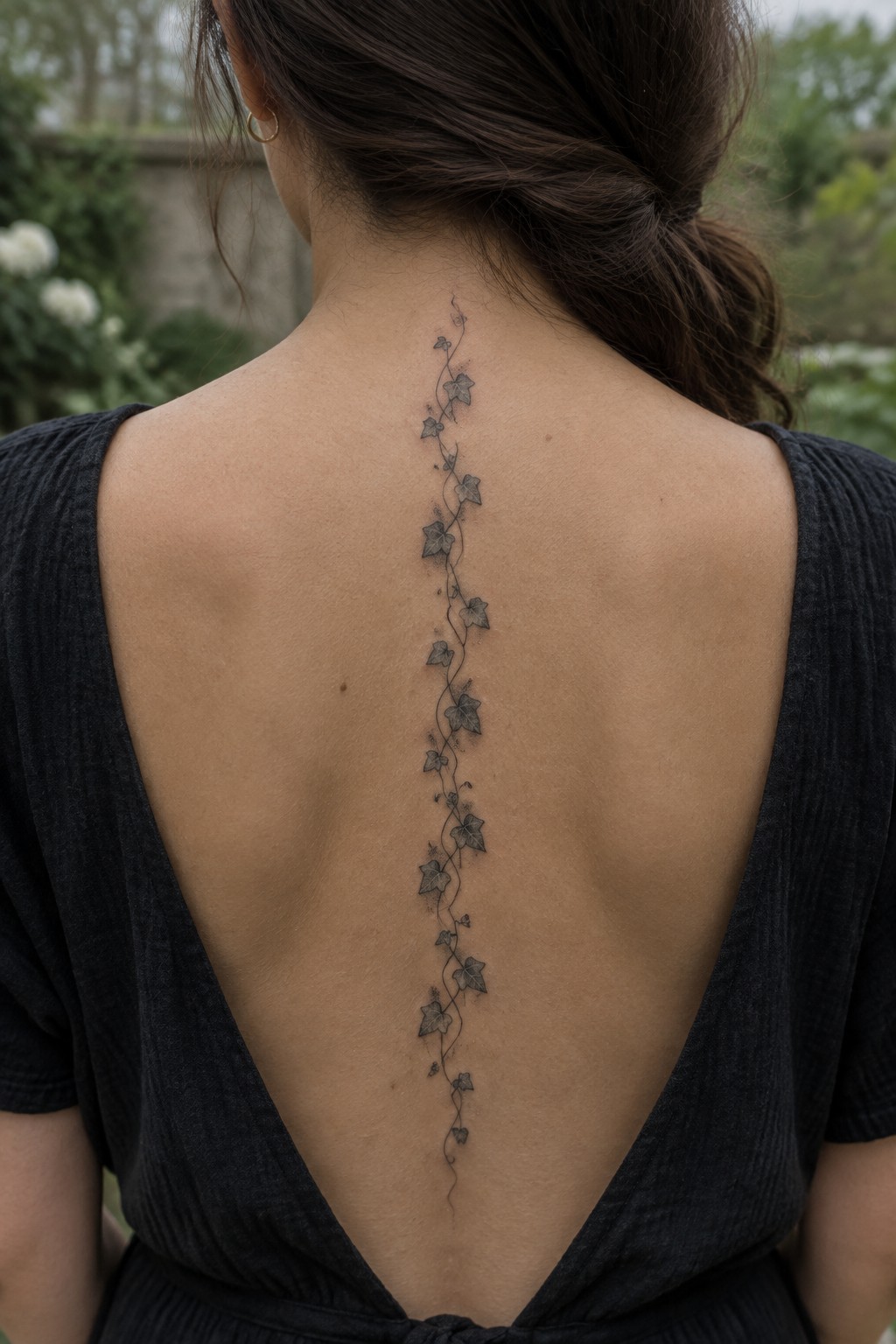 Woman's back with ivy vine tattoo along spine in dark low-back top.