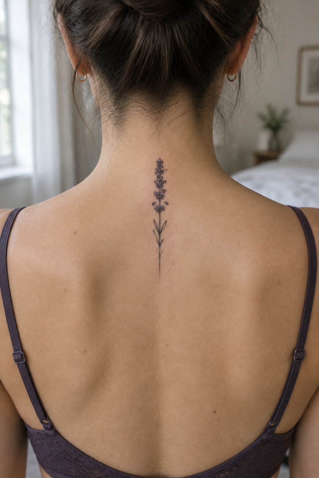 Woman's back with vertical lavender tattoo, brown bun hair, purple bra in bedroom.