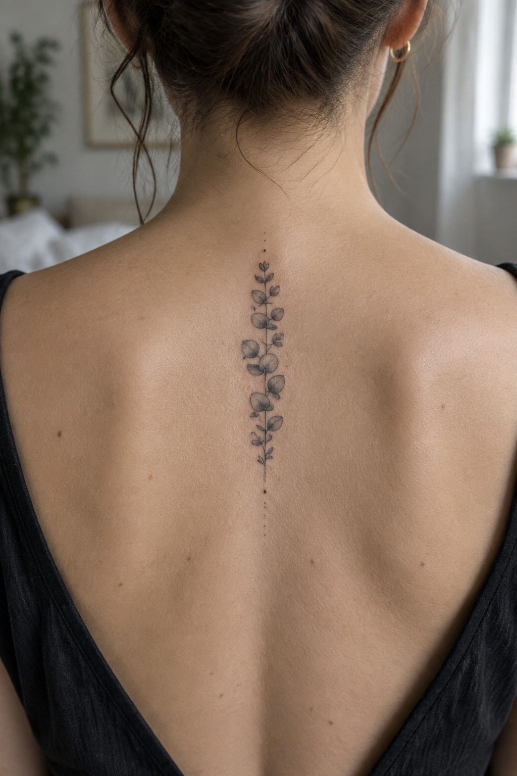 Woman's back with vertical leafy tattoo along spine above black top