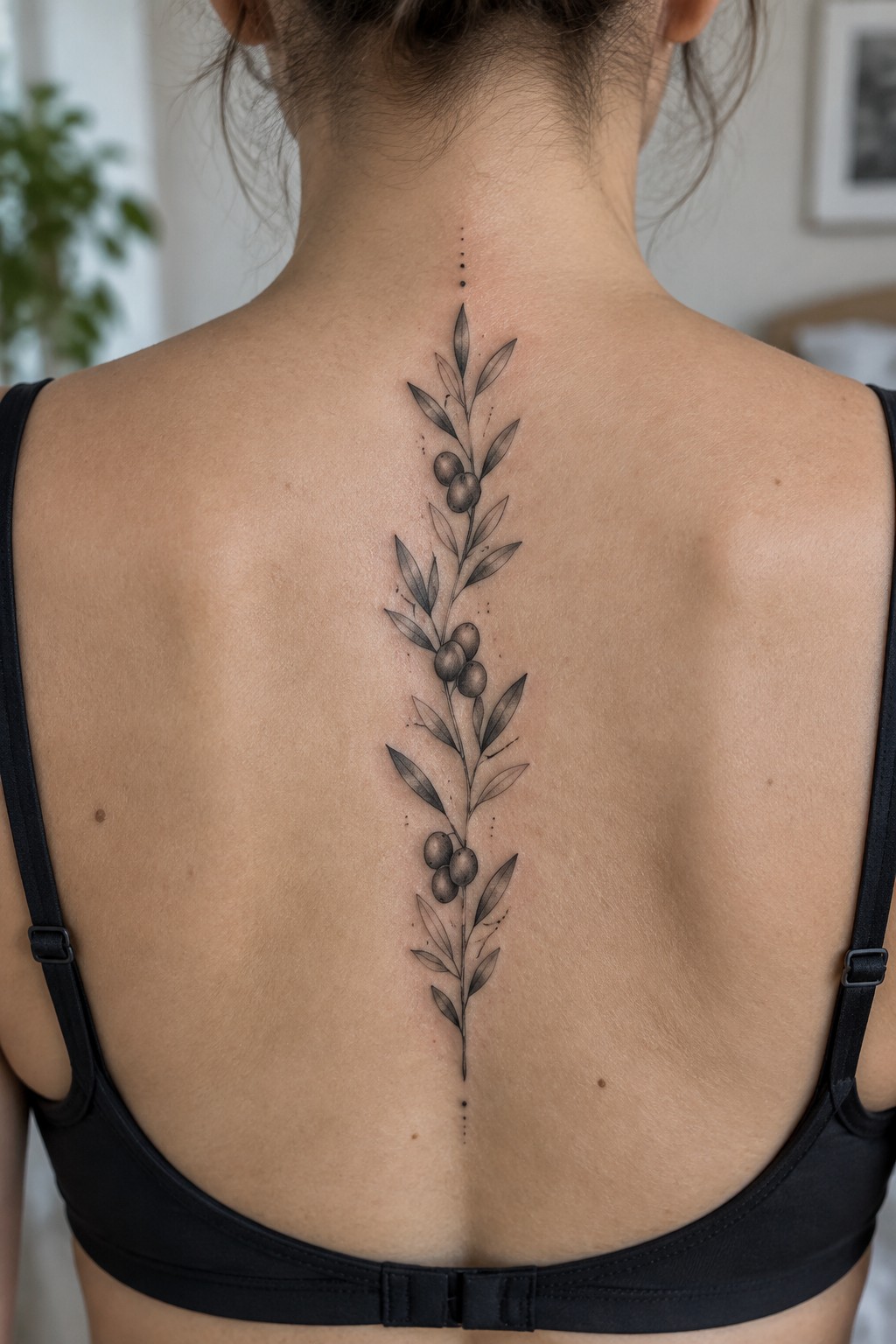 Woman's back in black bra with olive branch spine tattoo and dots