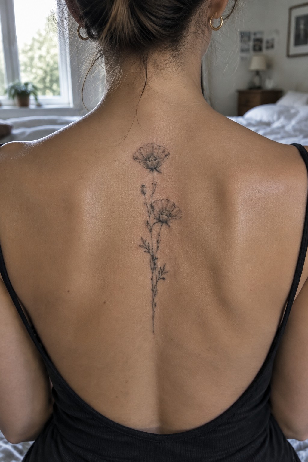 Fine line poppy tattoo with two flowers and stems running vertically down a woman's upper back along the spine.