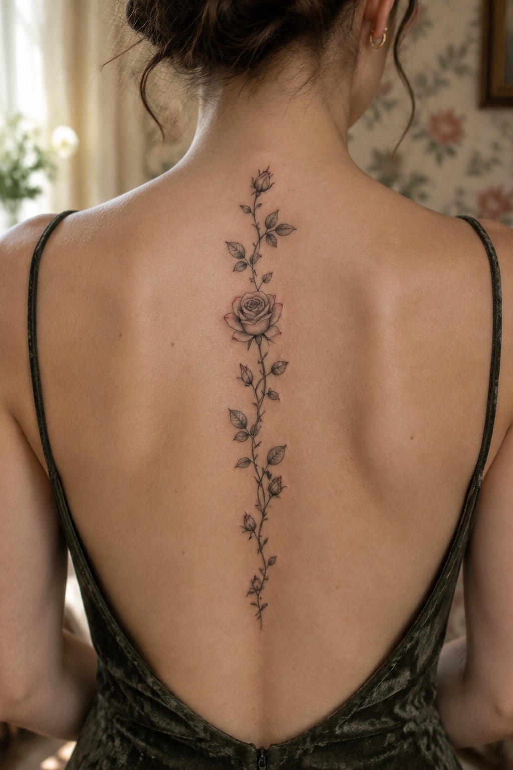 Woman's back with rose vine tattoo over low-cut green velvet dress