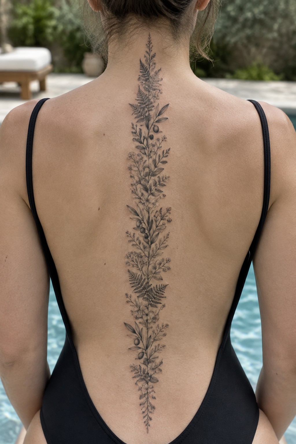 Woman's back in black swimsuit with long floral spine tattoo beside a pool.