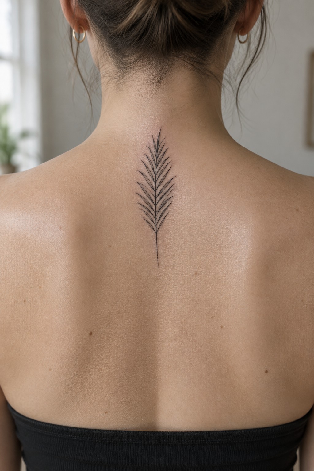 Woman's upper back with black feather tattoo, brown hair in bun, black top