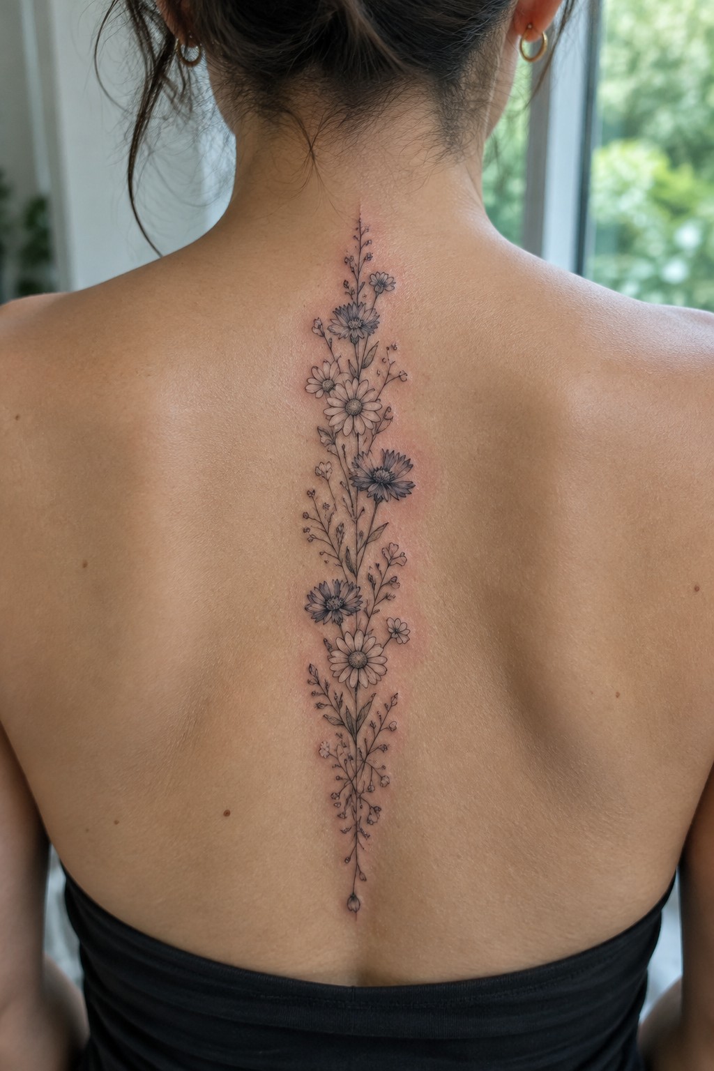 Fine line vertical floral tattoo with assorted daisies and wildflowers running down a woman's spine