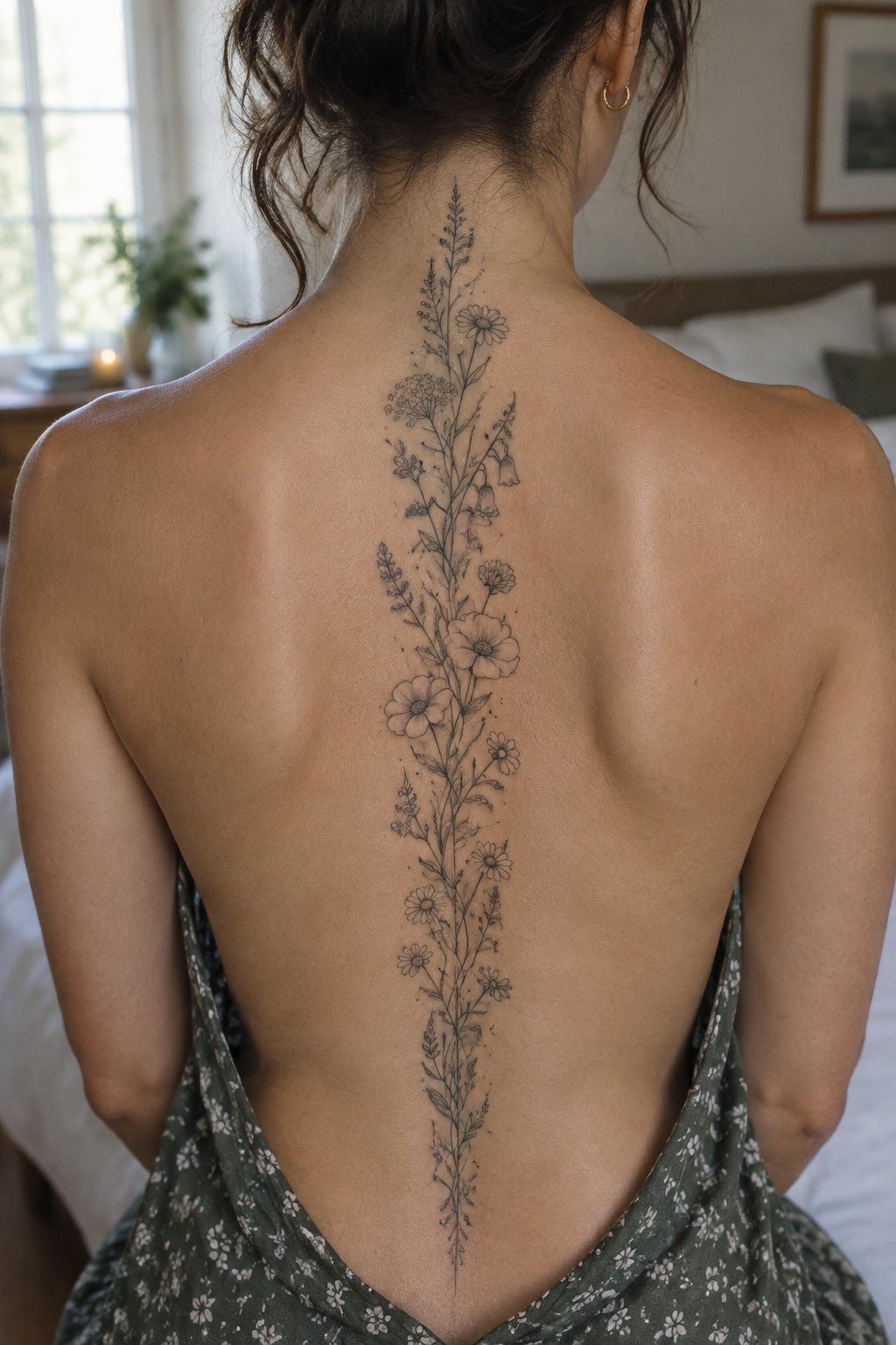 Fine line vertical wildflower tattoo running down a woman's spine with various blooms and leaves in black ink.