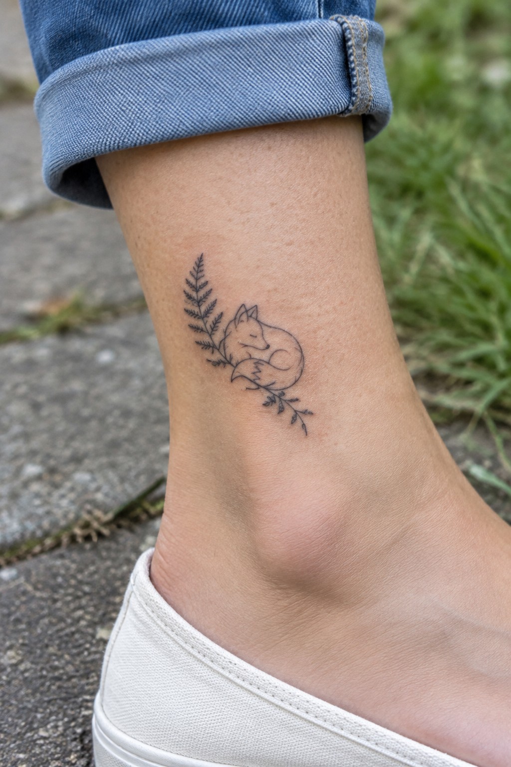Sleeping fox tattoo with ferns on ankle below cuffed blue jeans and white shoe