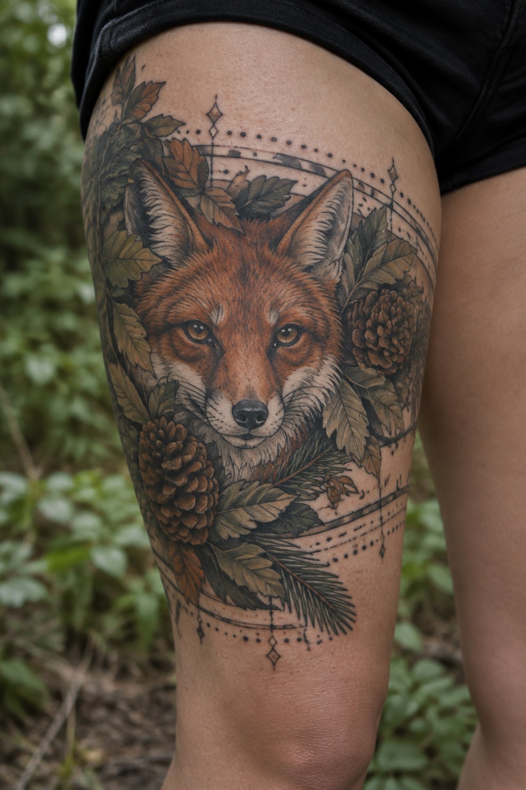 Realistic fox tattoo with autumn leaves and pinecones on thigh