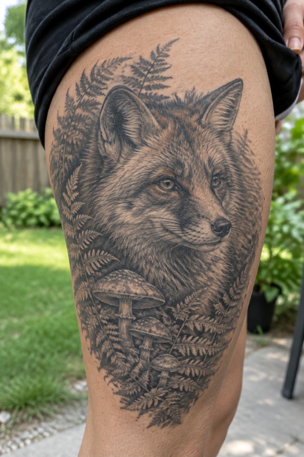 Realistic black-and-gray fox tattoo with ferns and mushrooms on thigh