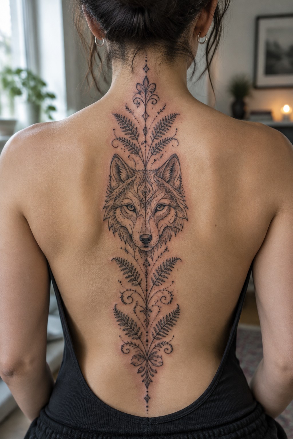 Woman's back with large wolf tattoo and symmetrical fern patterns in black ink