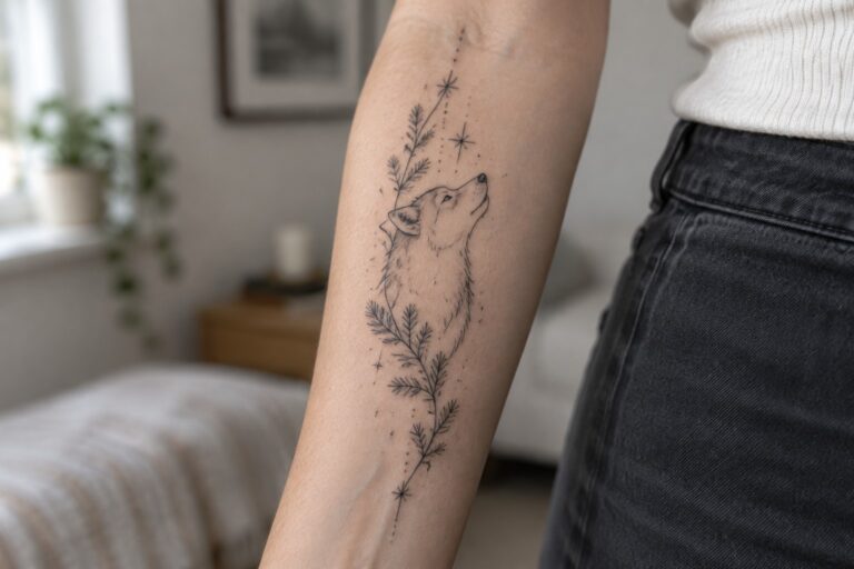 21 Fierce Wolf and Fox Tattoos for Women Built Around Woodland Compositions Wolf head tattoo with branches, stars and dots on person's forearm