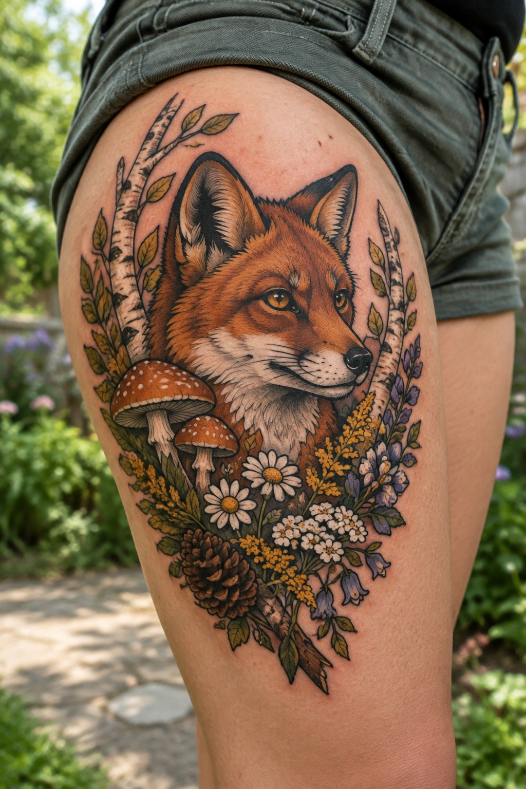 Realistic fox head tattoo on the thigh with birch branches, mushrooms, flowers, and pinecones arranged around it.