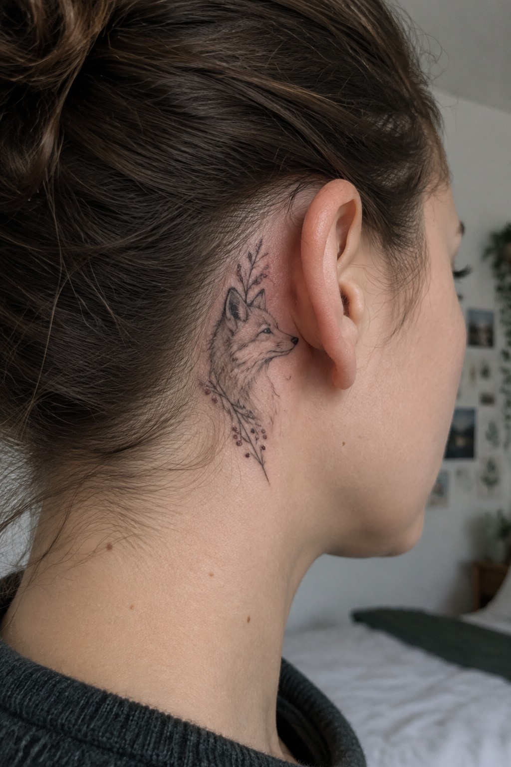 Woman's neck with fox tattoo behind ear, brown hair in bun, dark sweater.